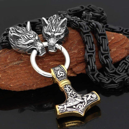 Pendants & Necklaces Stainless Steel Wolf Head Black King Chain with Gold & Silver Mjolnir Ancient Treasures Ancientreasures Viking Odin Thor Mjolnir Celtic Ancient Egypt Norse Norse Mythology