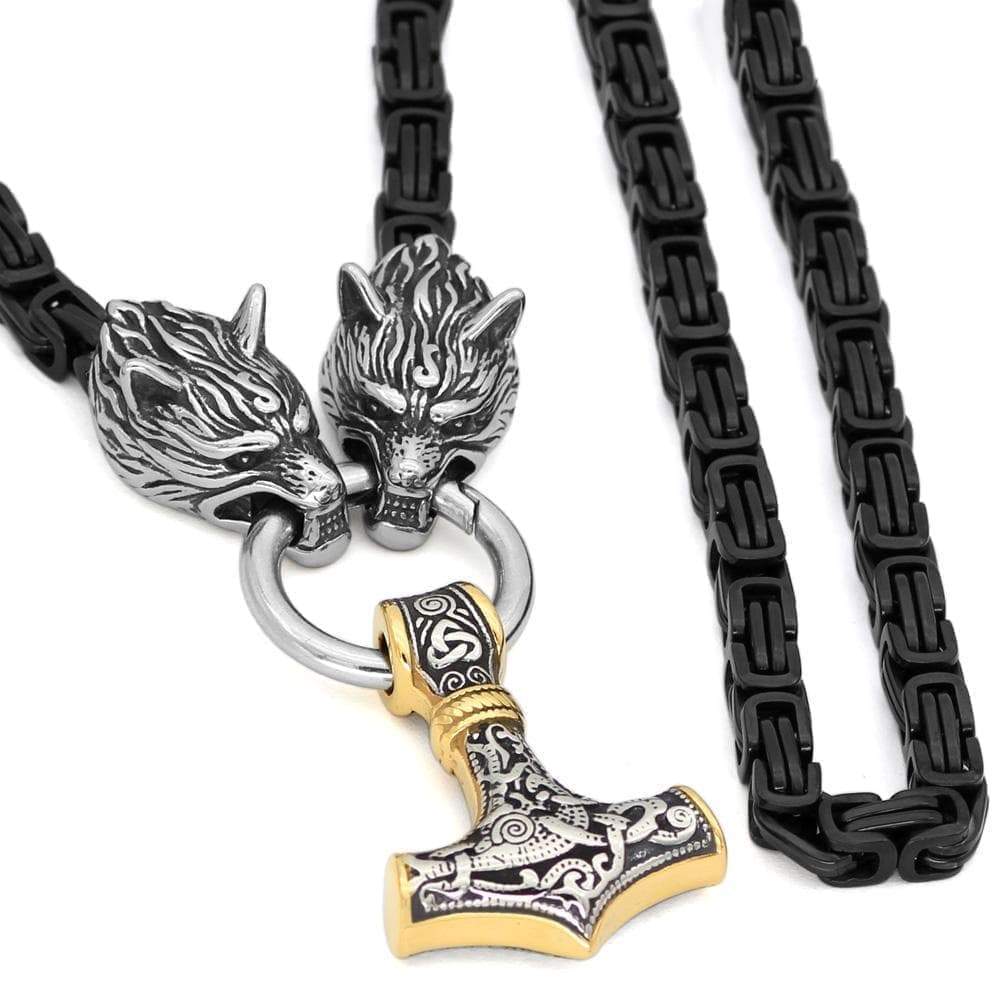 Pendants & Necklaces Stainless Steel Wolf Head Black King Chain with Gold & Silver Mjolnir Ancient Treasures Ancientreasures Viking Odin Thor Mjolnir Celtic Ancient Egypt Norse Norse Mythology