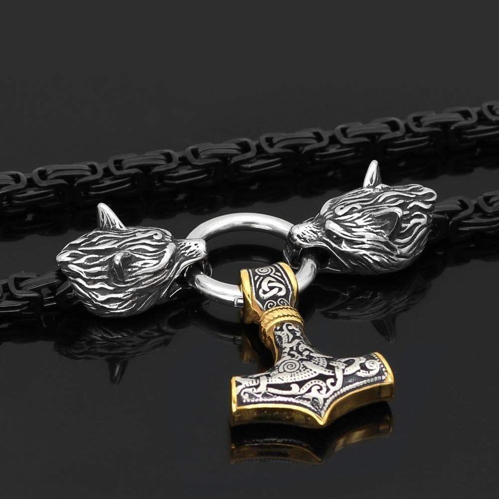 Pendants & Necklaces Stainless Steel Wolf Head Black King Chain with Gold & Silver Mjolnir Ancient Treasures Ancientreasures Viking Odin Thor Mjolnir Celtic Ancient Egypt Norse Norse Mythology