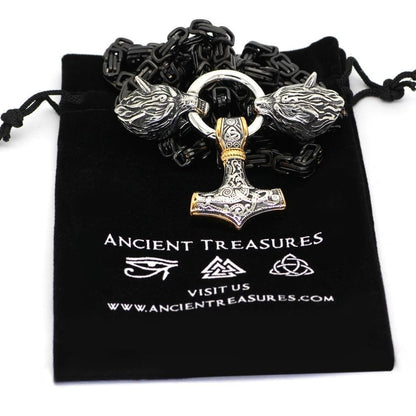 Pendants & Necklaces Stainless Steel Wolf Head Black King Chain with Gold & Silver Mjolnir Ancient Treasures Ancientreasures Viking Odin Thor Mjolnir Celtic Ancient Egypt Norse Norse Mythology