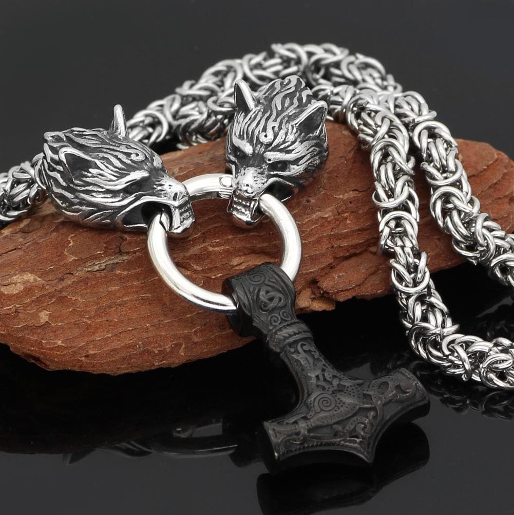 Pendants & Necklaces Stainless Steel Wolf Head Chain with Black Mjolnir