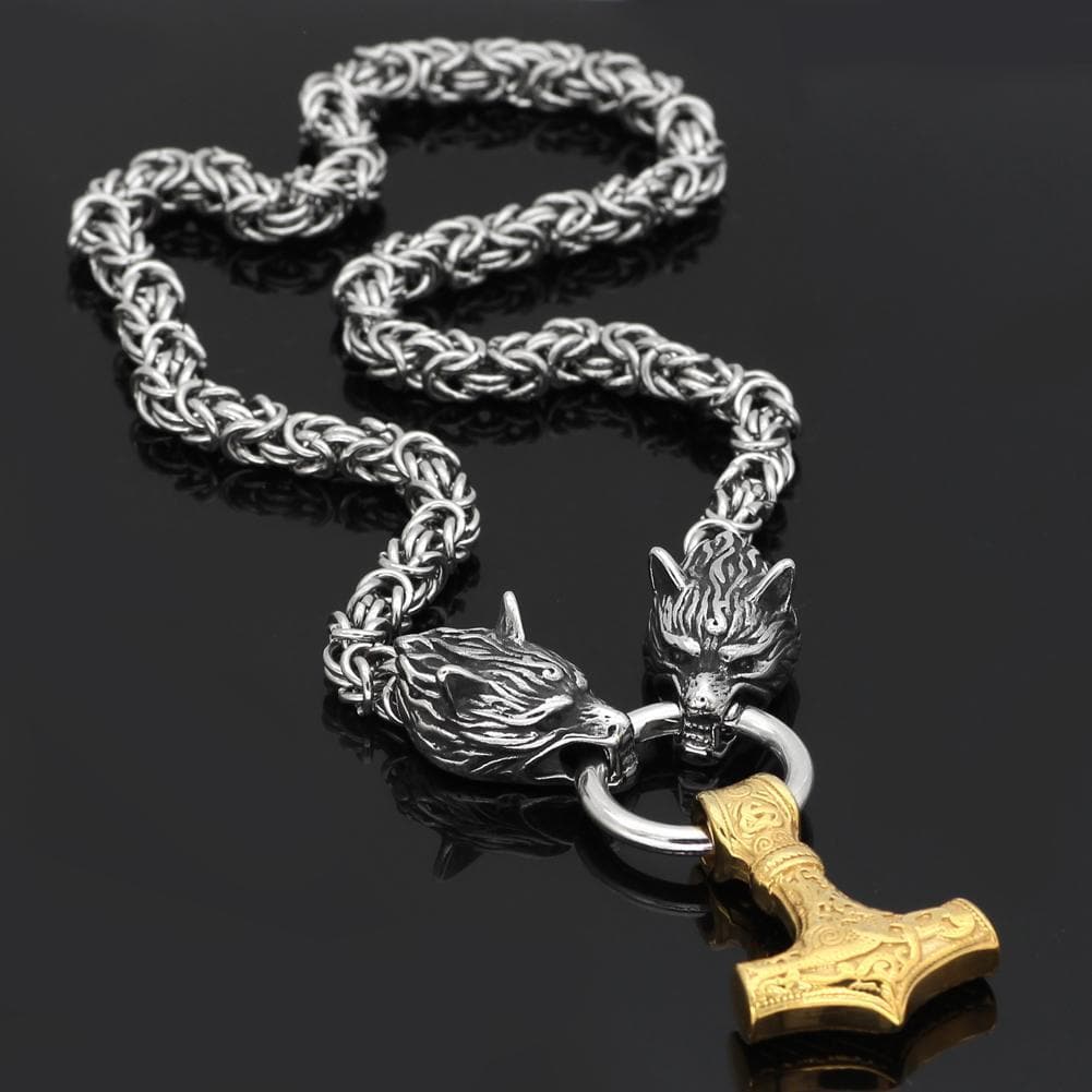 Pendants & Necklaces Stainless Steel Wolf Head Chain with Gold Mjolnir