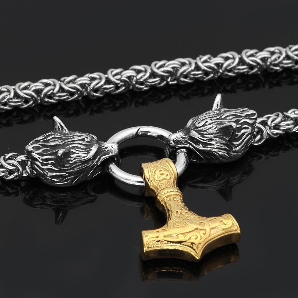 Pendants & Necklaces Stainless Steel Wolf Head Chain with Gold Mjolnir