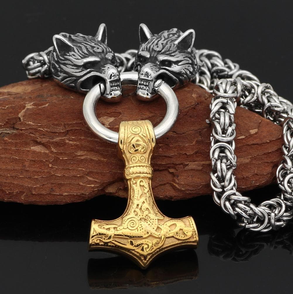 Pendants & Necklaces Stainless Steel Wolf Head Chain with Gold Mjolnir