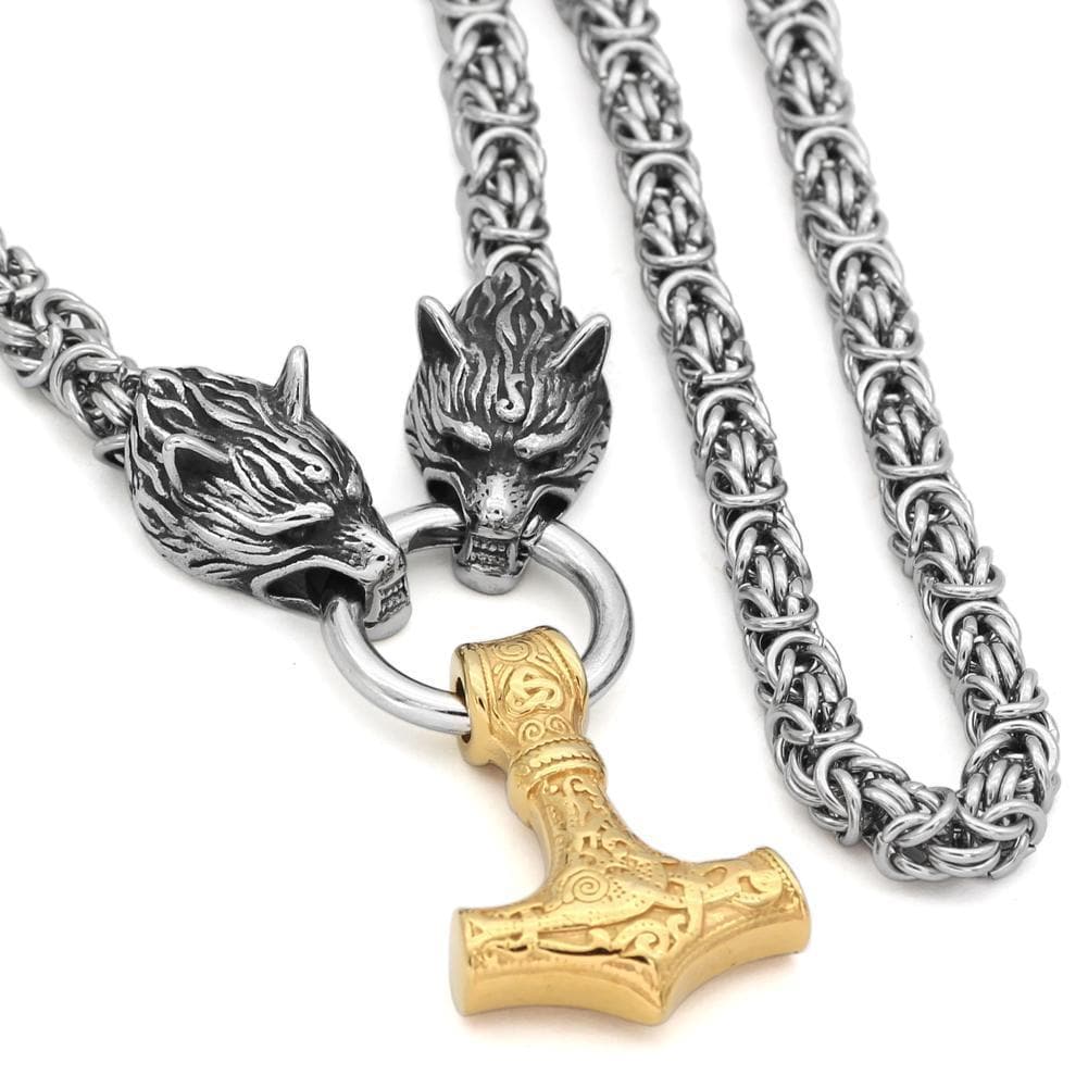 Pendants & Necklaces Stainless Steel Wolf Head Chain with Gold Mjolnir