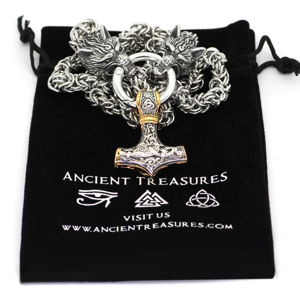 Pendants & Necklaces Stainless Steel Wolf Head Chain with Gold & Silver Mjolnir Ancient Treasures Ancientreasures Viking Odin Thor Mjolnir Celtic Ancient Egypt Norse Norse Mythology