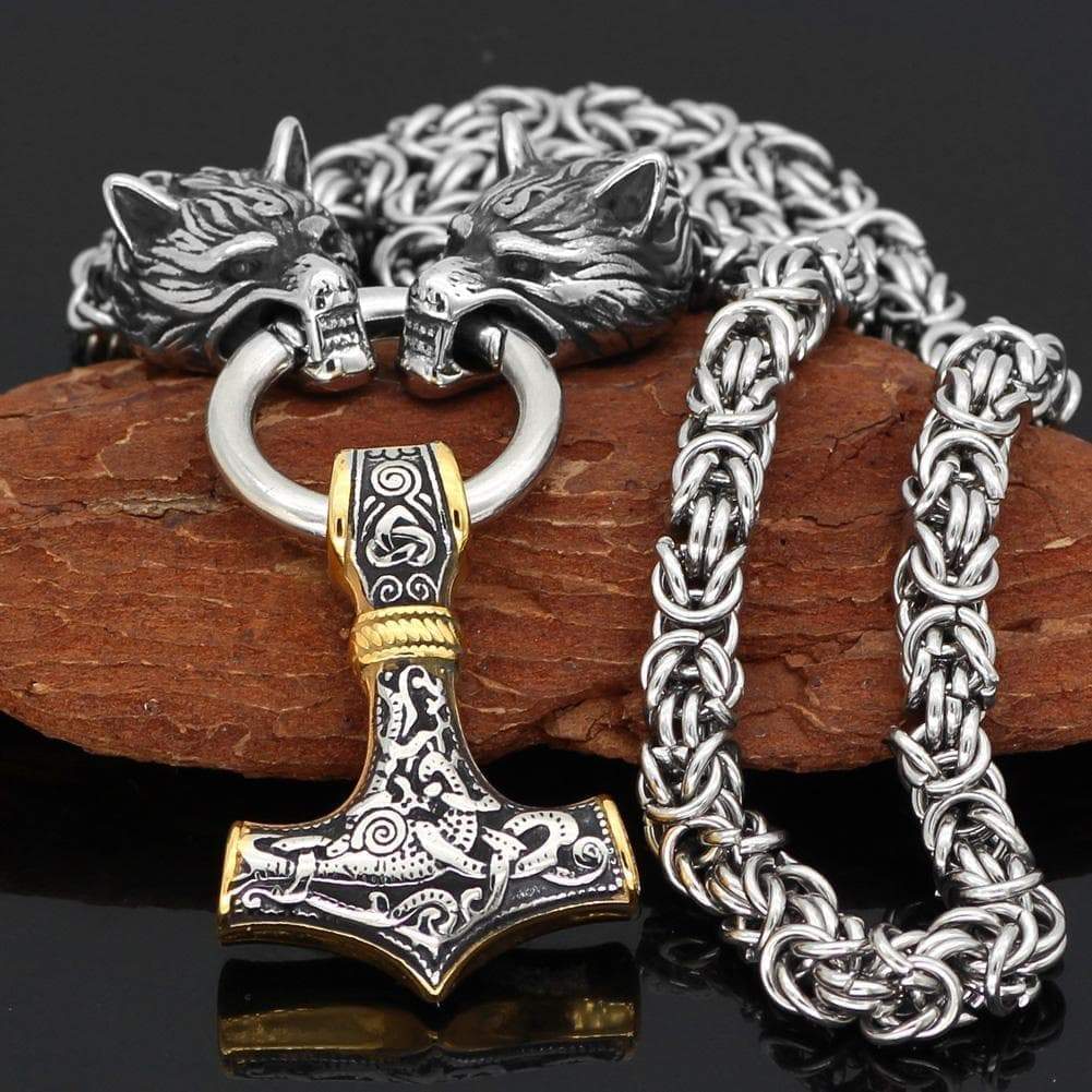 Pendants & Necklaces Stainless Steel Wolf Head Chain with Gold & Silver Mjolnir Ancient Treasures Ancientreasures Viking Odin Thor Mjolnir Celtic Ancient Egypt Norse Norse Mythology