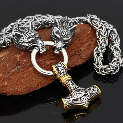 Pendants & Necklaces Stainless Steel Wolf Head Chain with Gold & Silver Mjolnir Ancient Treasures Ancientreasures Viking Odin Thor Mjolnir Celtic Ancient Egypt Norse Norse Mythology