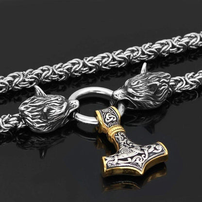 Pendants & Necklaces Stainless Steel Wolf Head Chain with Gold & Silver Mjolnir Ancient Treasures Ancientreasures Viking Odin Thor Mjolnir Celtic Ancient Egypt Norse Norse Mythology