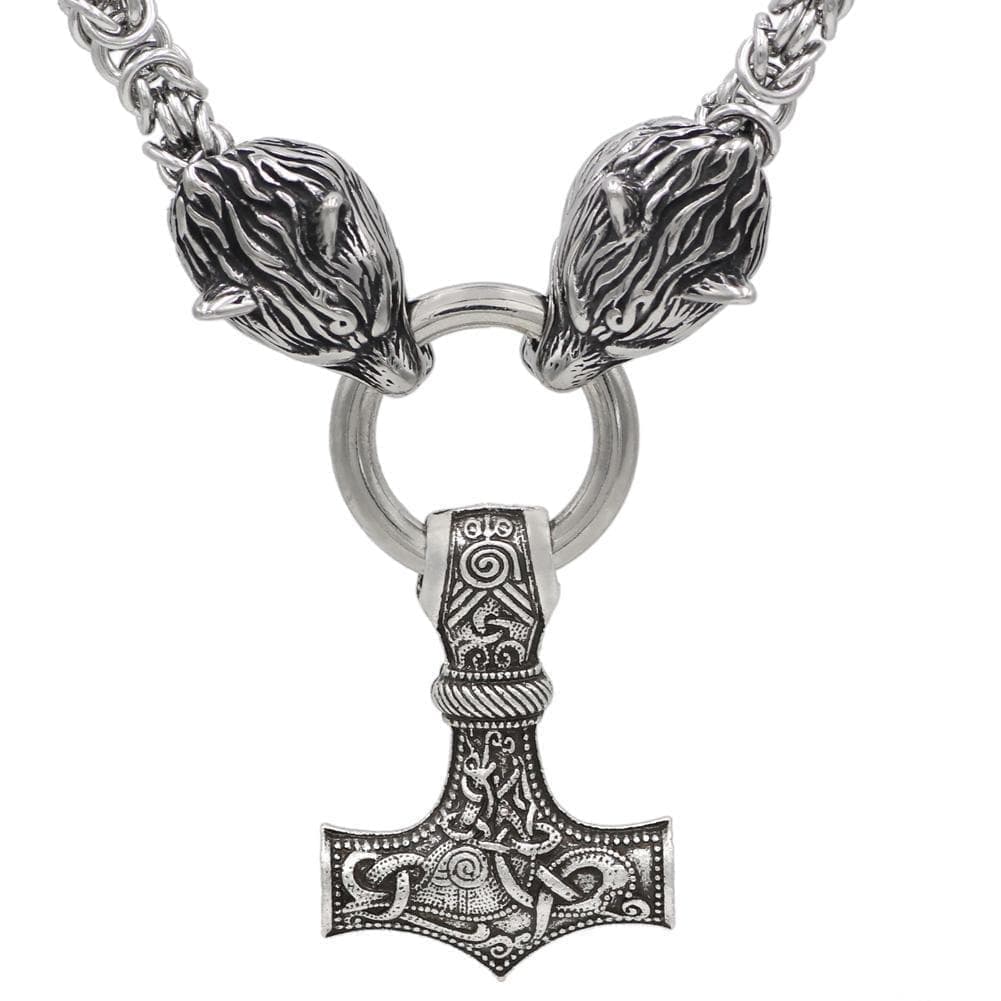 Pendants & Necklaces Stainless Steel Wolf Head Chain with Mjolnir Ancient Treasures Ancientreasures Viking Odin Thor Mjolnir Celtic Ancient Egypt Norse Norse Mythology