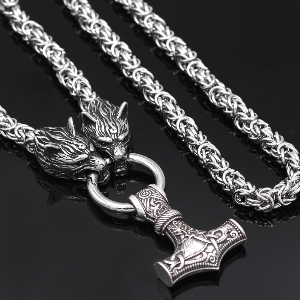 Pendants & Necklaces Stainless Steel Wolf Head Chain with Mjolnir Ancient Treasures Ancientreasures Viking Odin Thor Mjolnir Celtic Ancient Egypt Norse Norse Mythology