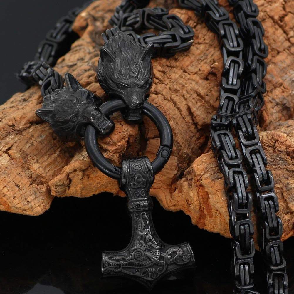 Pendants & Necklaces Stainless Steel Wolf King Chain with Mjolnir - Black Ancient Treasures Ancientreasures Viking Odin Thor Mjolnir Celtic Ancient Egypt Norse Norse Mythology