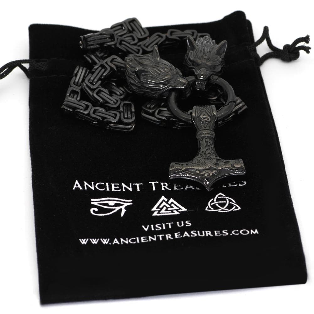 Pendants & Necklaces Stainless Steel Wolf King Chain with Mjolnir - Black Ancient Treasures Ancientreasures Viking Odin Thor Mjolnir Celtic Ancient Egypt Norse Norse Mythology