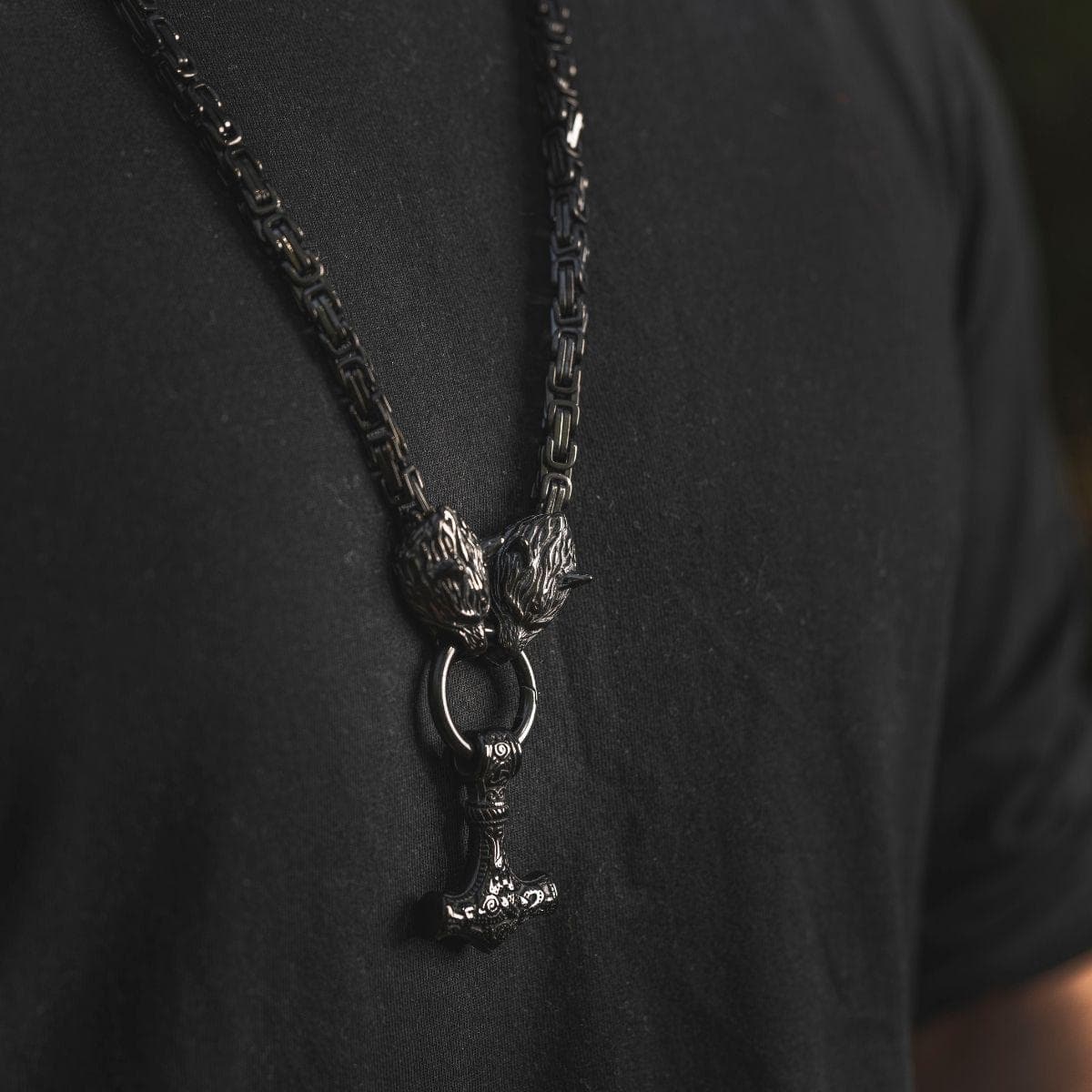 Pendants & Necklaces Stainless Steel Wolf King Chain with Mjolnir - Black Ancient Treasures Ancientreasures Viking Odin Thor Mjolnir Celtic Ancient Egypt Norse Norse Mythology