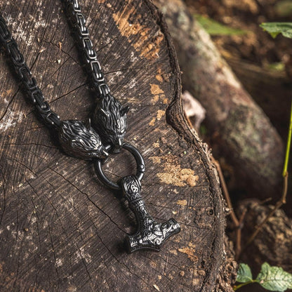 Pendants & Necklaces Stainless Steel Wolf King Chain with Mjolnir - Black Ancient Treasures Ancientreasures Viking Odin Thor Mjolnir Celtic Ancient Egypt Norse Norse Mythology