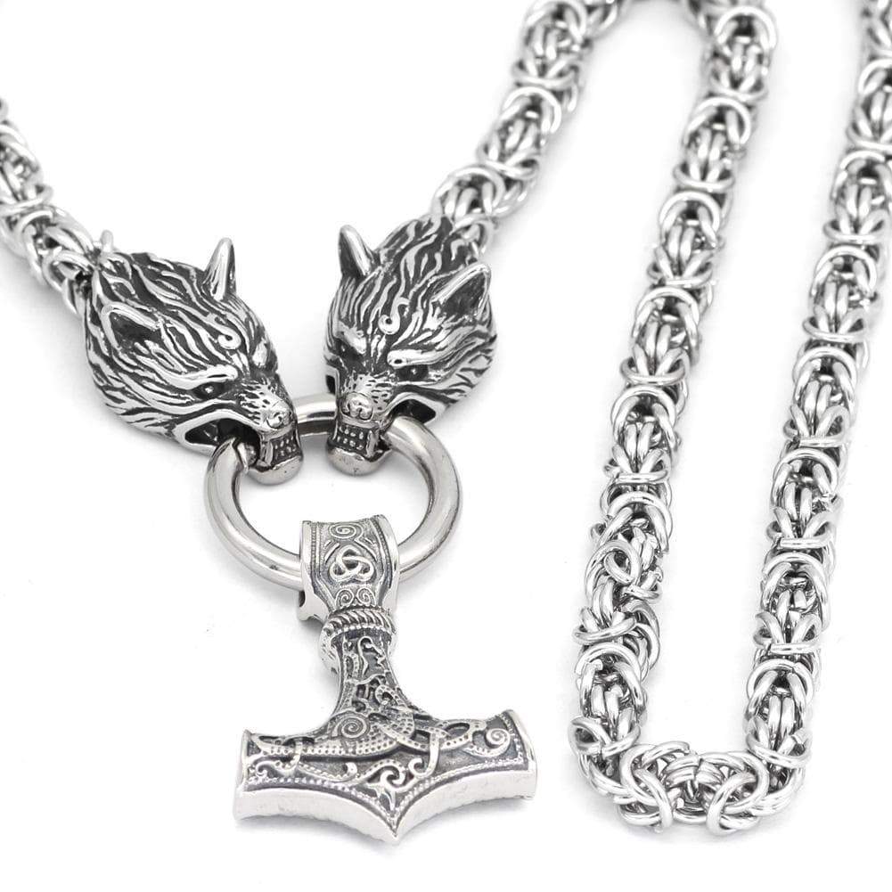 Pendants & Necklaces Wolf Head Chain with Sterling Silver Mjolnir Ancient Treasures Ancientreasures Viking Odin Thor Mjolnir Celtic Ancient Egypt Norse Norse Mythology