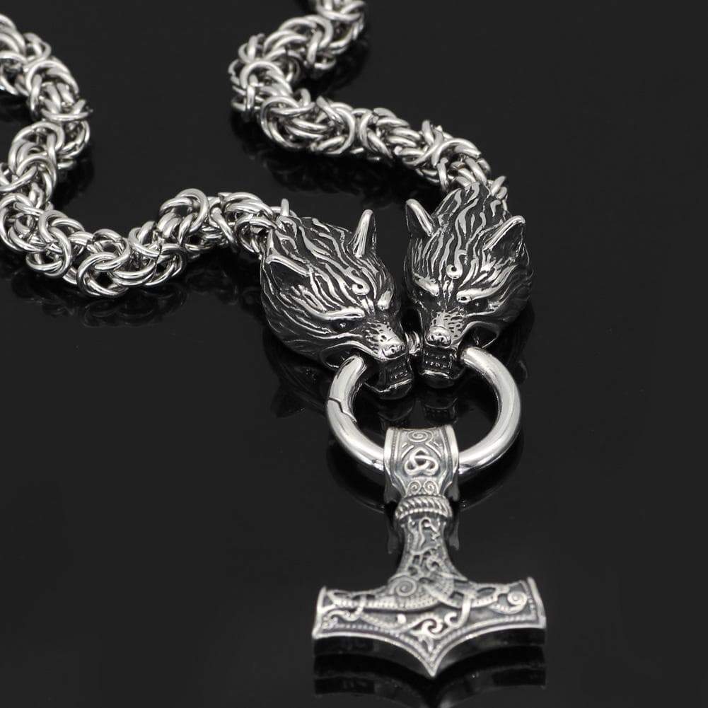 Pendants & Necklaces Wolf Head Chain with Sterling Silver Mjolnir Ancient Treasures Ancientreasures Viking Odin Thor Mjolnir Celtic Ancient Egypt Norse Norse Mythology