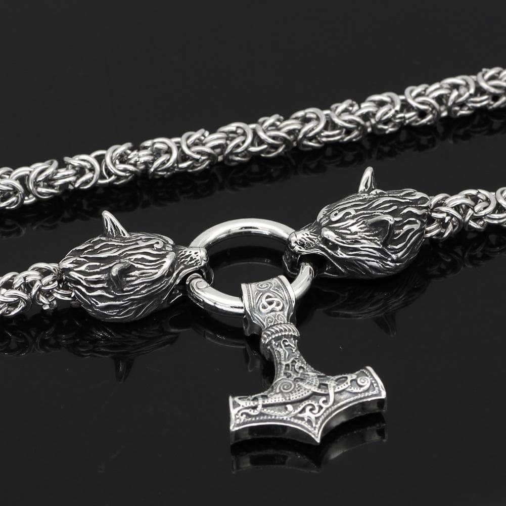 Pendants & Necklaces Wolf Head Chain with Sterling Silver Mjolnir Ancient Treasures Ancientreasures Viking Odin Thor Mjolnir Celtic Ancient Egypt Norse Norse Mythology