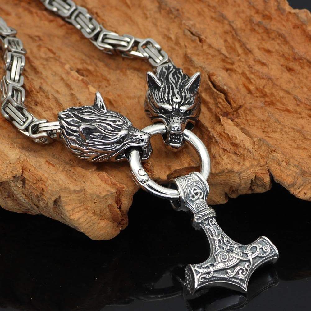 Pendants & Necklaces Wolf King Chain with Sterling Silver Mjolnir Ancient Treasures Ancientreasures Viking Odin Thor Mjolnir Celtic Ancient Egypt Norse Norse Mythology