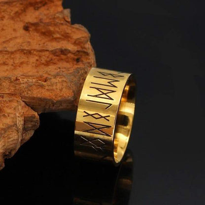 Rings 6 / Gold Viking Runes Stainless Steel Ring Ancient Treasures Ancientreasures Viking Odin Thor Mjolnir Celtic Ancient Egypt Norse Norse Mythology