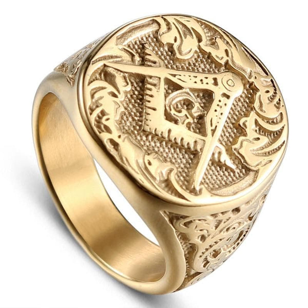 Gold Plated Stainless Steel Masonic Knight Templar Signet Ring For Men - Antique Style