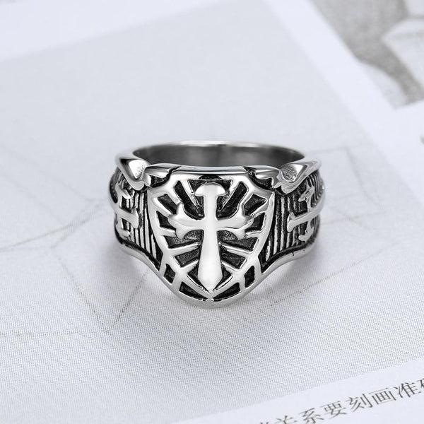 Men's Cubic Zirconia Cross Shield Ring - 316L Stainless Steel, Silver/Black, Sizes 8-15