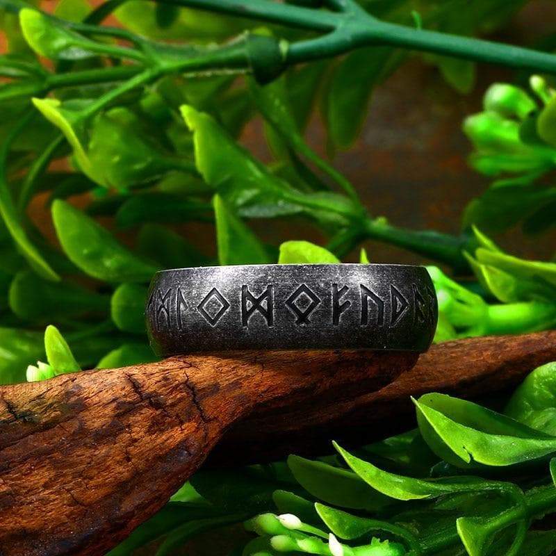 Rings Stainless Steel Elder Futhark Viking Ring - Black Ancient Treasures Ancientreasures Viking Odin Thor Mjolnir Celtic Ancient Egypt Norse Norse Mythology