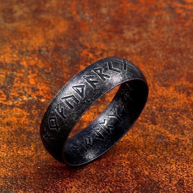 Rings Stainless Steel Elder Futhark Viking Ring - Black Ancient Treasures Ancientreasures Viking Odin Thor Mjolnir Celtic Ancient Egypt Norse Norse Mythology