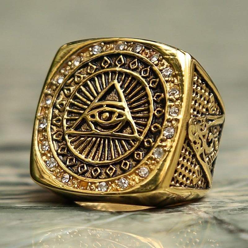 Rings Vintage Heavy Stainless Steel All Seeing Eye Ring Crystal Gold Ring Mason Masonic Ring Punk Male Ring|Rings| Ancient Treasures Ancientreasures Viking Odin Thor Mjolnir Celtic Ancient Egypt Norse Norse Mythology
