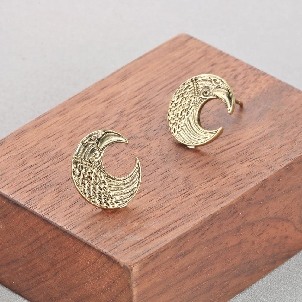 Stud Earrings QIMING Crescent Moon Gold Earring Raven Pagan Slavic Pendant Amulet Classic Design Female Women Jewelry Retro Earrings Gift|Stud Earrings| Ancient Treasures Ancientreasures Viking Odin Thor Mjolnir Celtic Ancient Egypt Norse Norse Mythology