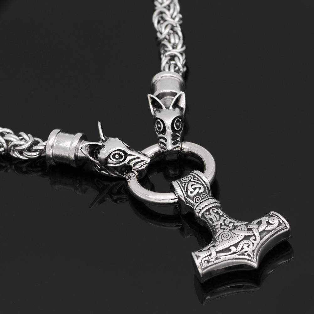 Viking HANDMADE Stainless Steel Chain Geri and Freki Mjolnir Necklace Ancient Treasures Ancientreasures Viking Odin Thor Mjolnir Celtic Ancient Egypt Norse Norse Mythology