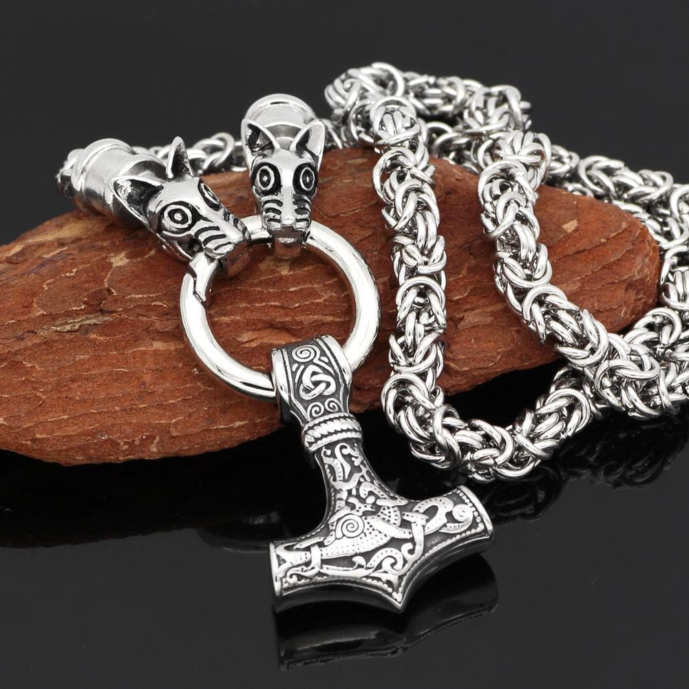 Viking HANDMADE Stainless Steel Chain Geri and Freki Mjolnir Necklace Ancient Treasures Ancientreasures Viking Odin Thor Mjolnir Celtic Ancient Egypt Norse Norse Mythology