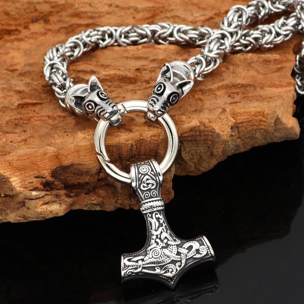 Viking HANDMADE Stainless Steel Kings Chain Geri and Freki Mjolnir Necklace Ancient Treasures Ancientreasures Viking Odin Thor Mjolnir Celtic Ancient Egypt Norse Norse Mythology