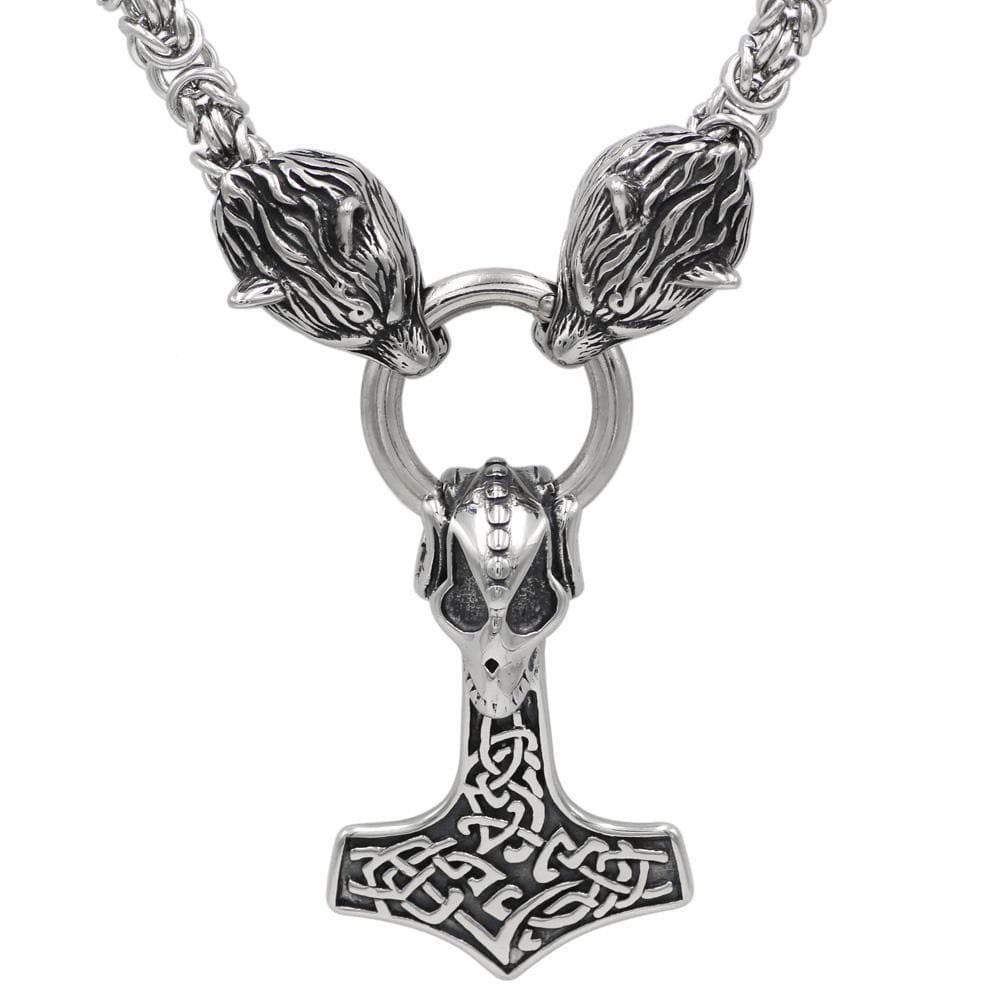 Viking HANDMADE Stainless Steel Wolf Head Necklace Viking Skull Mjolnir Pendant Ancient Treasures Ancientreasures Viking Odin Thor Mjolnir Celtic Ancient Egypt Norse Norse Mythology