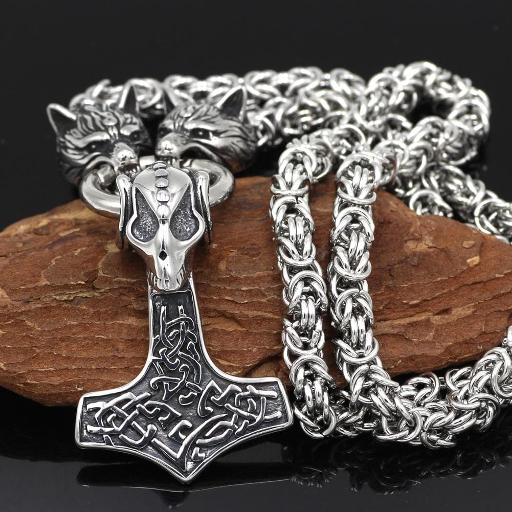 Viking HANDMADE Stainless Steel Wolf Head Necklace Viking Skull Mjolnir Pendant Ancient Treasures Ancientreasures Viking Odin Thor Mjolnir Celtic Ancient Egypt Norse Norse Mythology