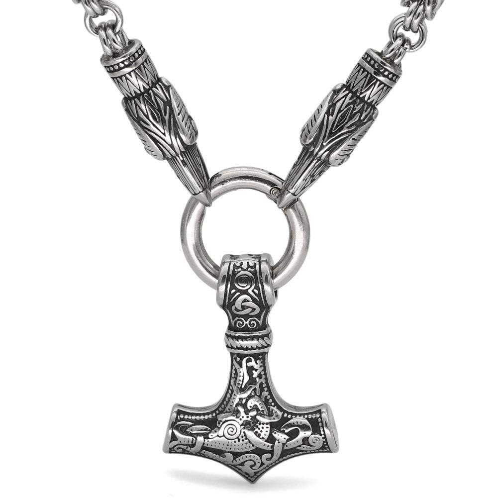 Viking Huginn Munnin Head Stainless Steel Necklace with Mjolnir Pendant Ancient Treasures Ancientreasures Viking Odin Thor Mjolnir Celtic Ancient Egypt Norse Norse Mythology