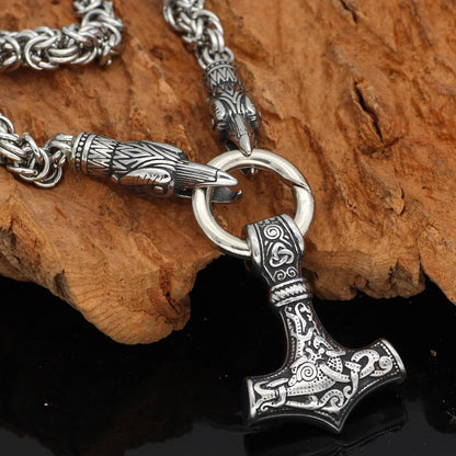 Viking Huginn Munnin Head Stainless Steel Necklace with Mjolnir Pendant Ancient Treasures Ancientreasures Viking Odin Thor Mjolnir Celtic Ancient Egypt Norse Norse Mythology