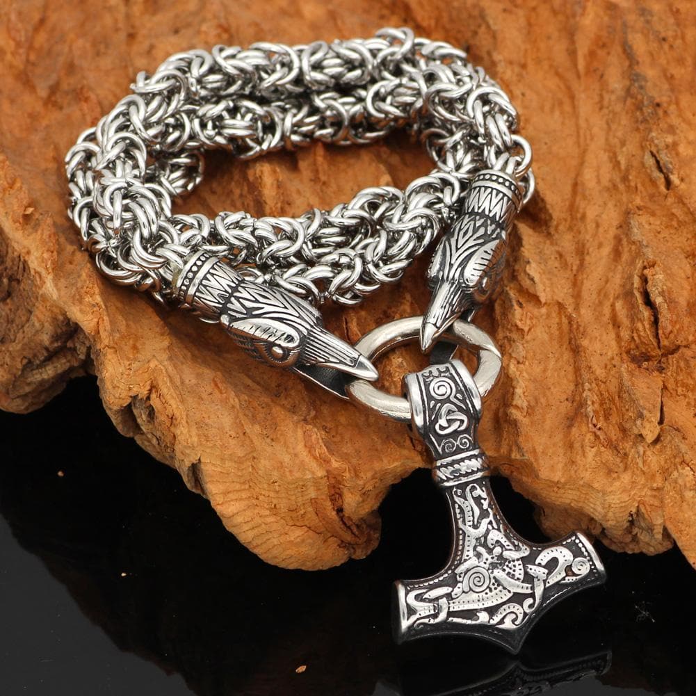 Viking Huginn Munnin Head Stainless Steel Necklace with Mjolnir Pendant Ancient Treasures Ancientreasures Viking Odin Thor Mjolnir Celtic Ancient Egypt Norse Norse Mythology