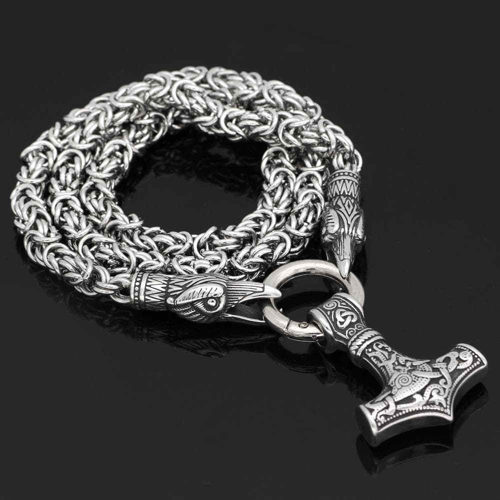 Viking Huginn Munnin Head Stainless Steel Necklace with Mjolnir Pendant Ancient Treasures Ancientreasures Viking Odin Thor Mjolnir Celtic Ancient Egypt Norse Norse Mythology