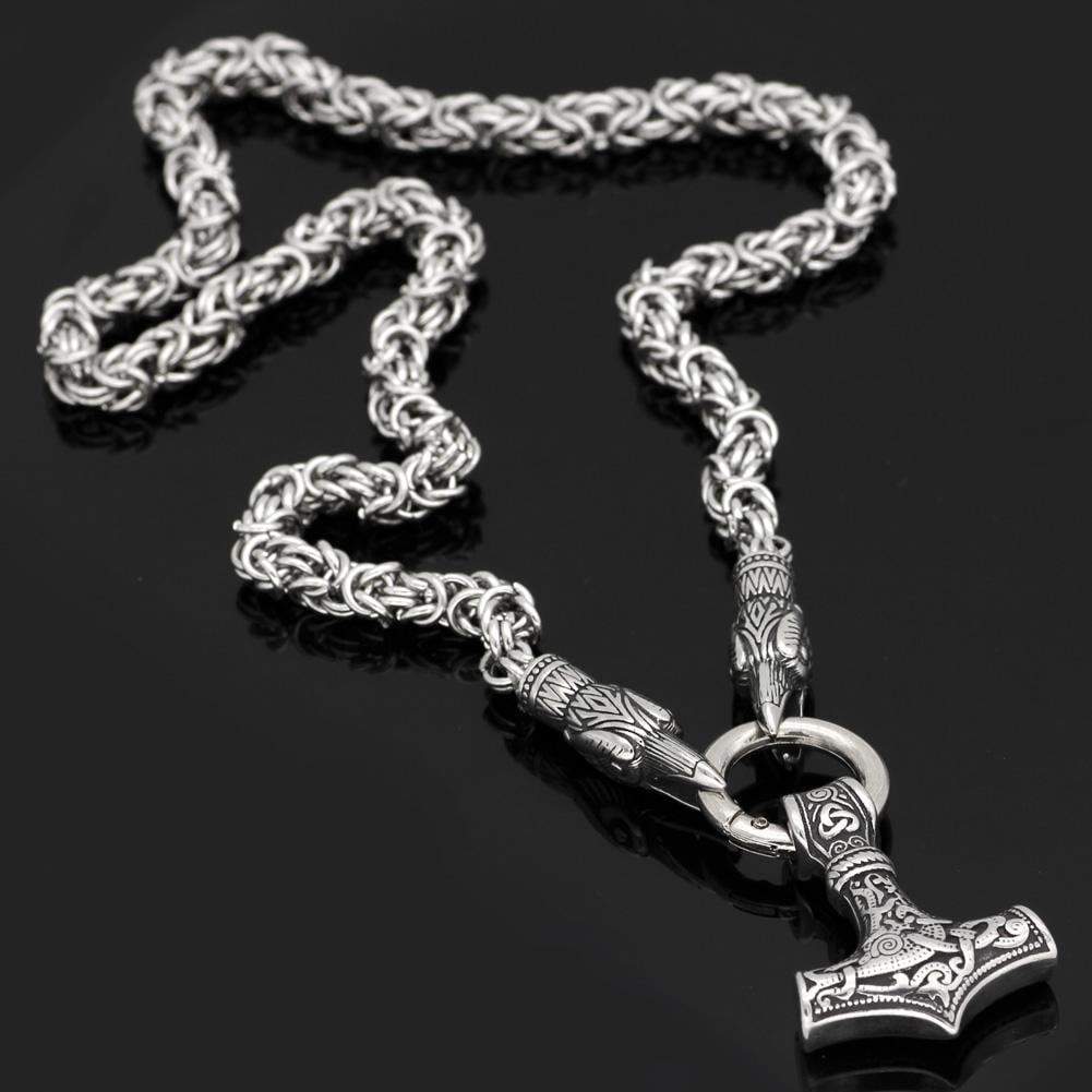 Viking Huginn Munnin Head Stainless Steel Necklace with Mjolnir Pendant Ancient Treasures Ancientreasures Viking Odin Thor Mjolnir Celtic Ancient Egypt Norse Norse Mythology