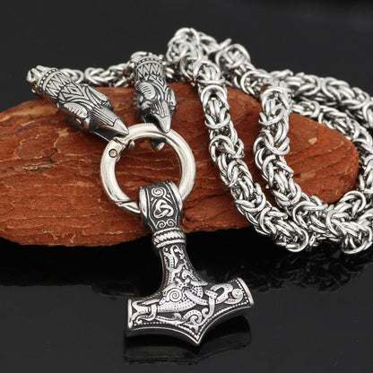 Viking Huginn Munnin Head Stainless Steel Necklace with Mjolnir Pendant Ancient Treasures Ancientreasures Viking Odin Thor Mjolnir Celtic Ancient Egypt Norse Norse Mythology