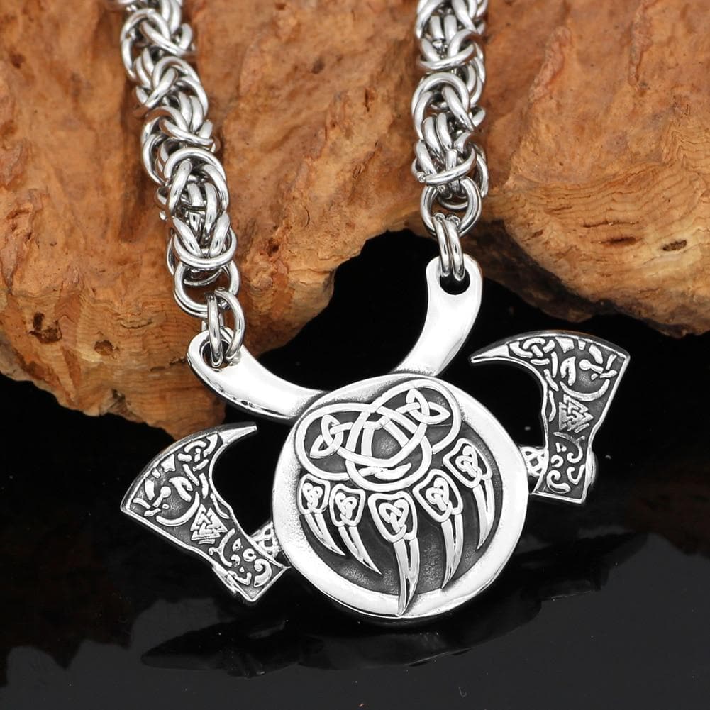 Vikings And Nordic Silver Plated / 60cm Viking Valknut Bear Paw Axe Necklace