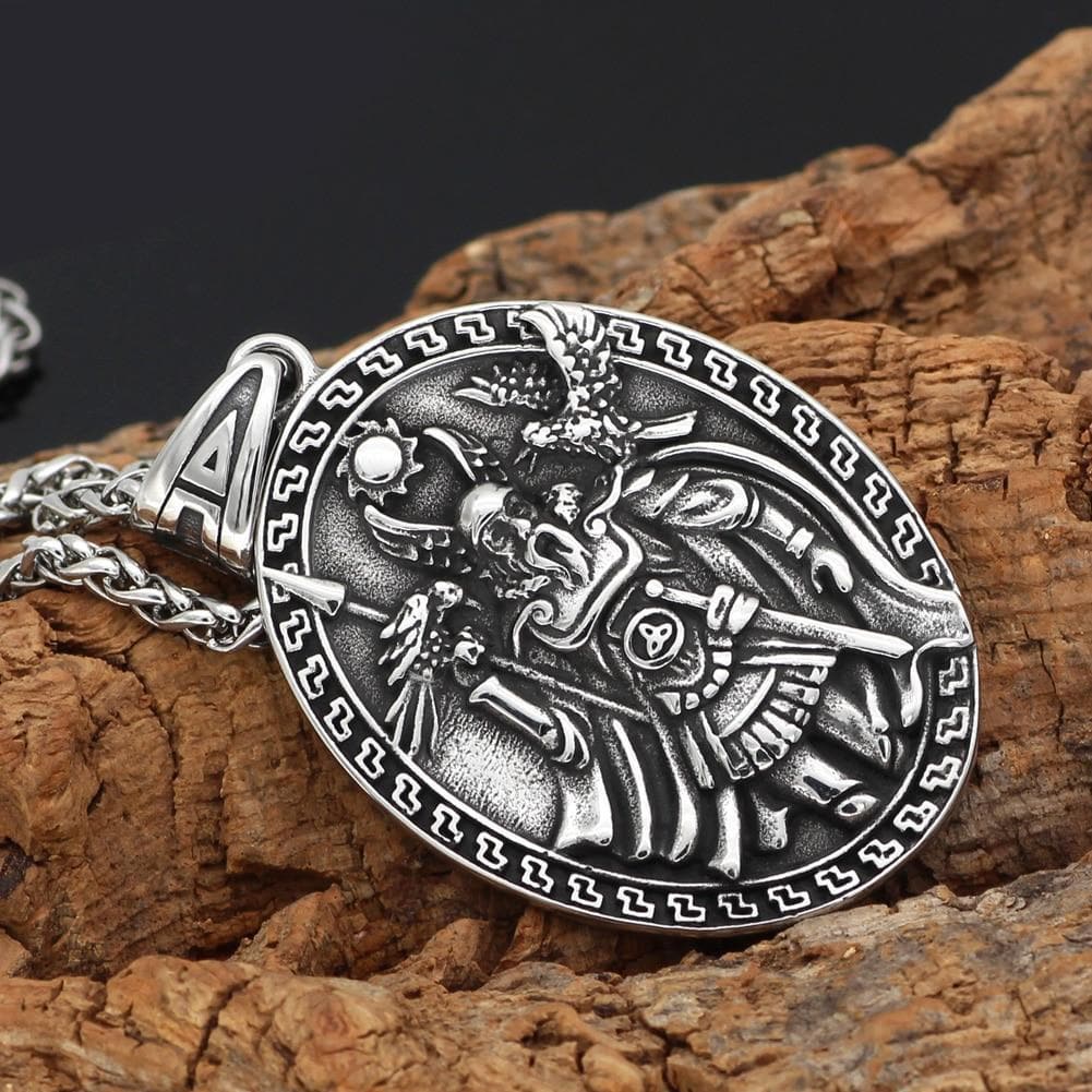 Vikings And Nordic Viking Odin's Face Wolf  Geri & Freki Raven Necklace