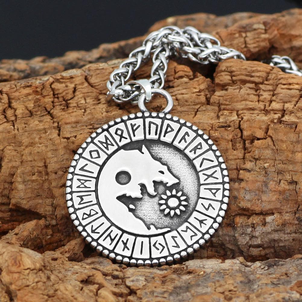 Vikings And Nordic Viking Wolf Geri & Freki Rune Necklace