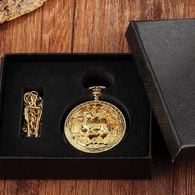 Watches Gold w/ Box Wiccan Golden Hollow Deer Mechanical Pocket Watch Ancient Treasures Ancientreasures Viking Odin Thor Mjolnir Celtic Ancient Egypt Norse Norse Mythology