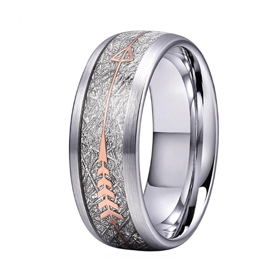 Wedding Bands Men Women Wedding Band Tungsten Carbide Ring Brushed Finish With Imitated Meteorite And Rose Gold Arrow Inlay|Wedding Bands| Ancient Treasures Ancientreasures Viking Odin Thor Mjolnir Celtic Ancient Egypt Norse Norse Mythology