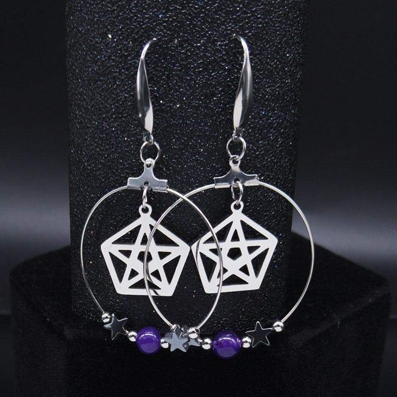 Wiccan Pentagram Stainless Steel and natural Crystal Drop Earrings Ancient Treasures Ancientreasures Viking Odin Thor Mjolnir Celtic Ancient Egypt Norse Norse Mythology