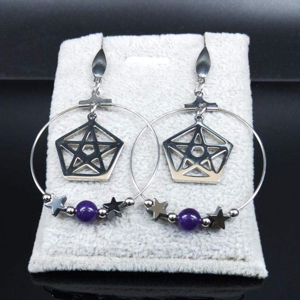 Handmade Silver Pentagram Angelwing Dreamcatcher Drop Earrings - Wicca Pagan Witch Jewelry Gift